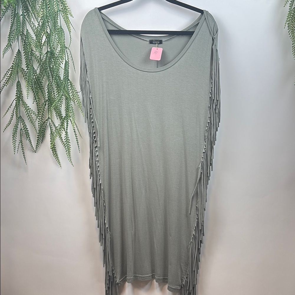 VENUS Fringe Midi Dress in Sage